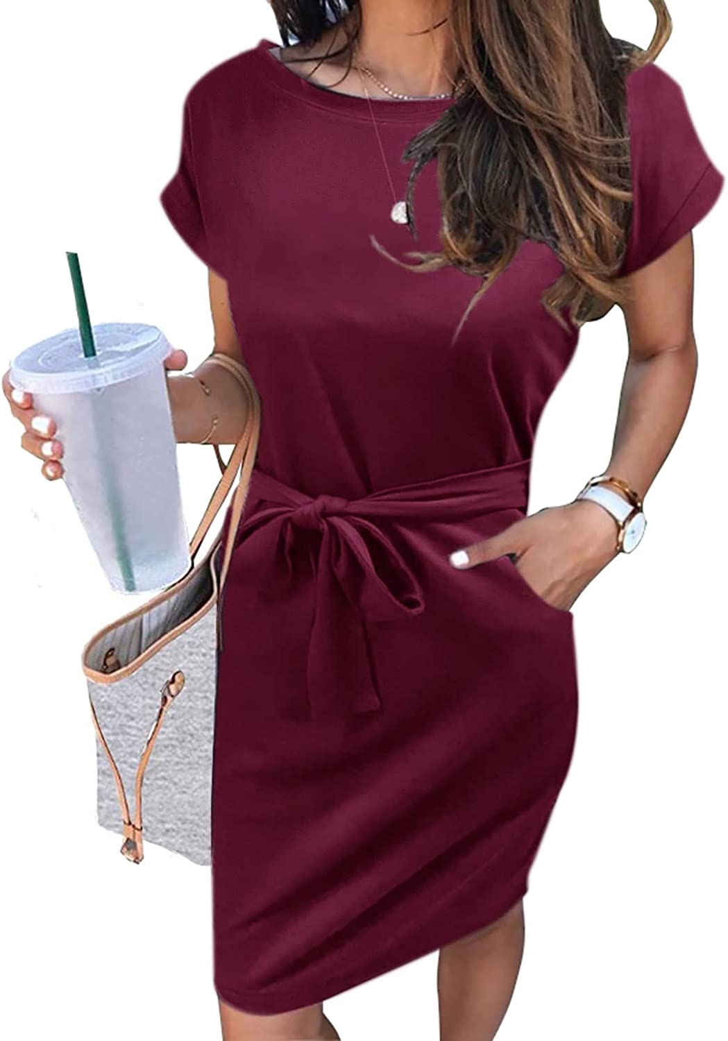 Women's Summer Striped Short Sleeve T Shirt Dress Casual Tie Waist Midi Dress