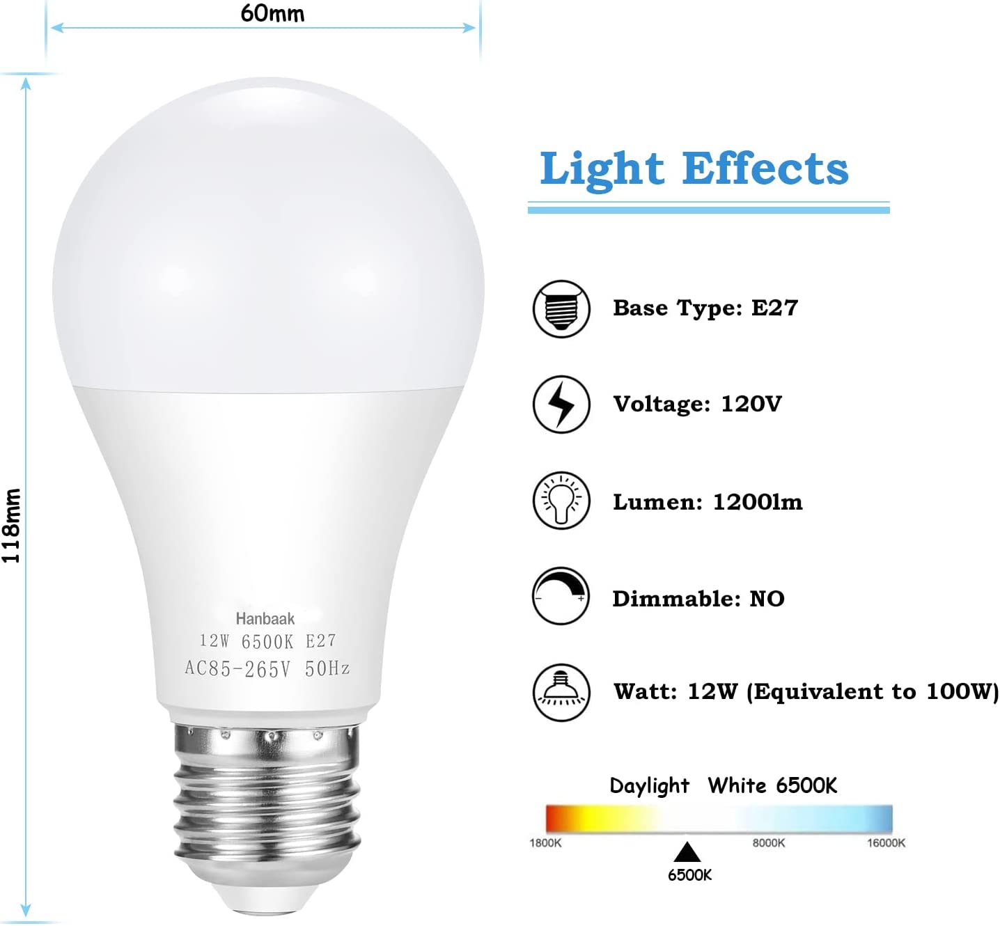 100W Equivalent Light Bulb, Hanbaak 12W E27 LED Bulbs Medium Screw Base, Non-Dimmable, Daylight White 6500K 4-Pack