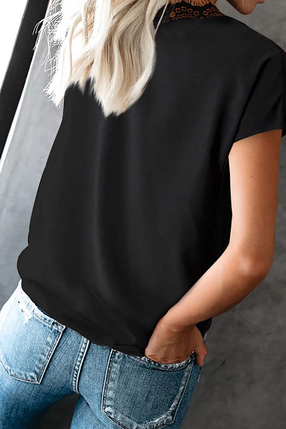 Dressy Lace Trim Blouse Tops Popular Short Sleeve Shirt