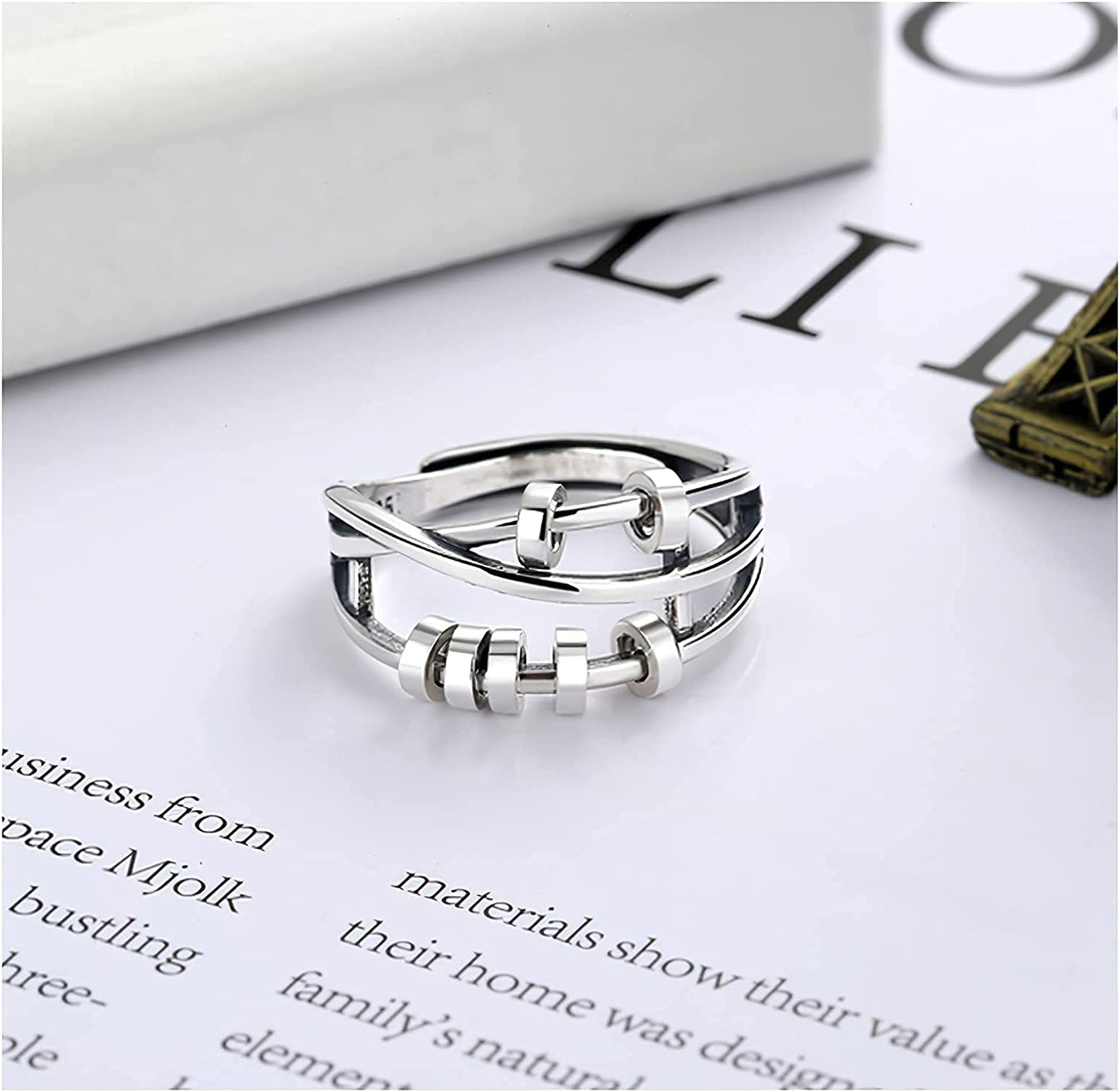 Silver Anti Anxiety Rings For Women Men Fidget Spinner Band Unisex Adjustable Stacking Spinning Worry Ring