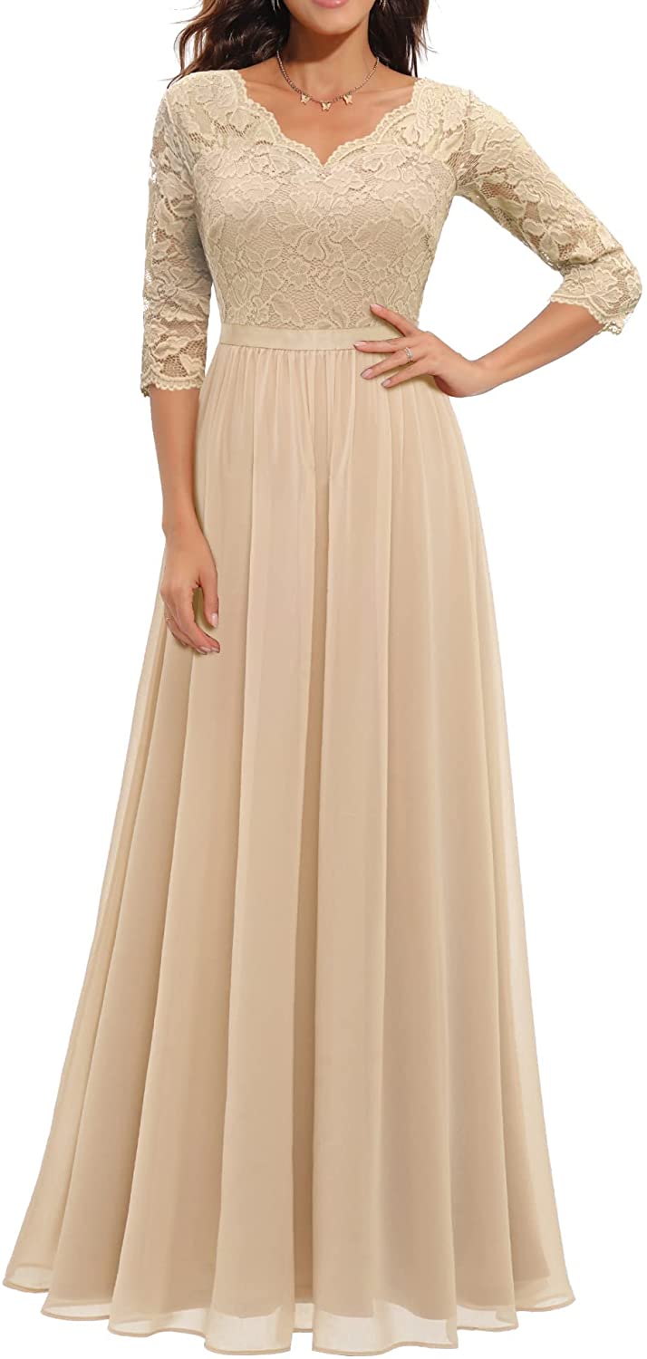 Women's Formal Floral Lace Maxi Dress Evening Party Elegant V-Neck Dresses for Wedding Guest