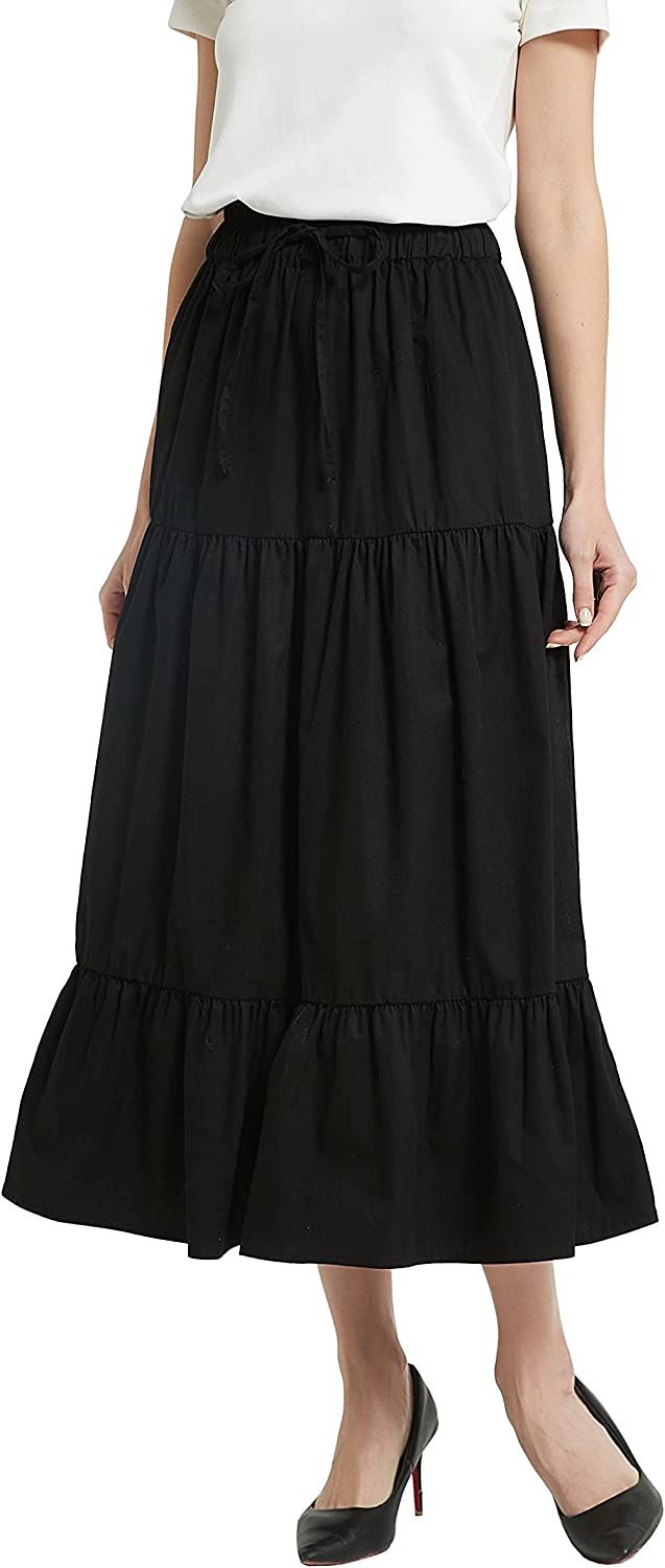Womens A Line Long Midi Denim Skirt Tired Pleated Layers Elastic Waist Front Drawstring