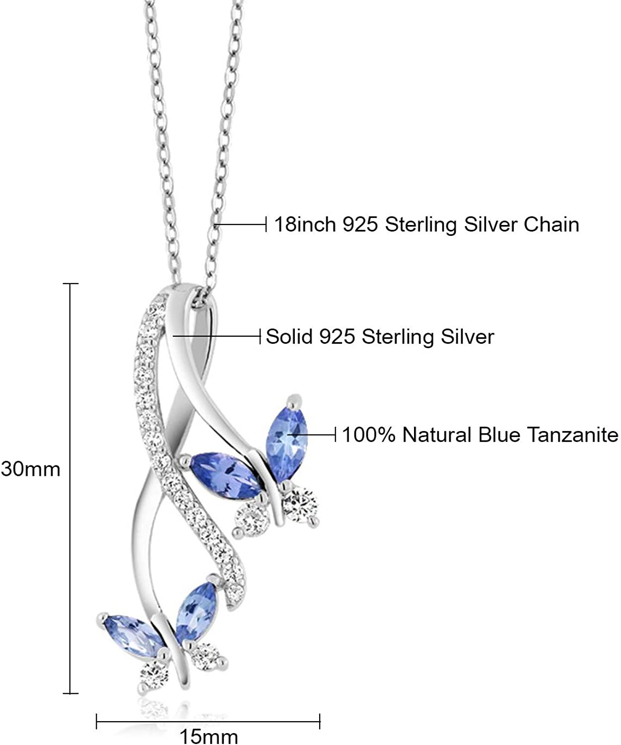 Gem Stone King Blue Tanzanite 925 Sterling Silver Butterfly Infinity Pendant Necklace 1.21 Ct Marquise Cut Gemstone Birthstone with 18 Inch Silver Chain