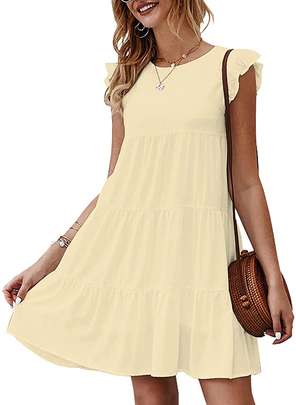 Women’s Summer Dress Sleeveless Ruffle Sleeve Round Neck Mini Dress Solid Color Loose Fit Short Flowy Pleated Dress