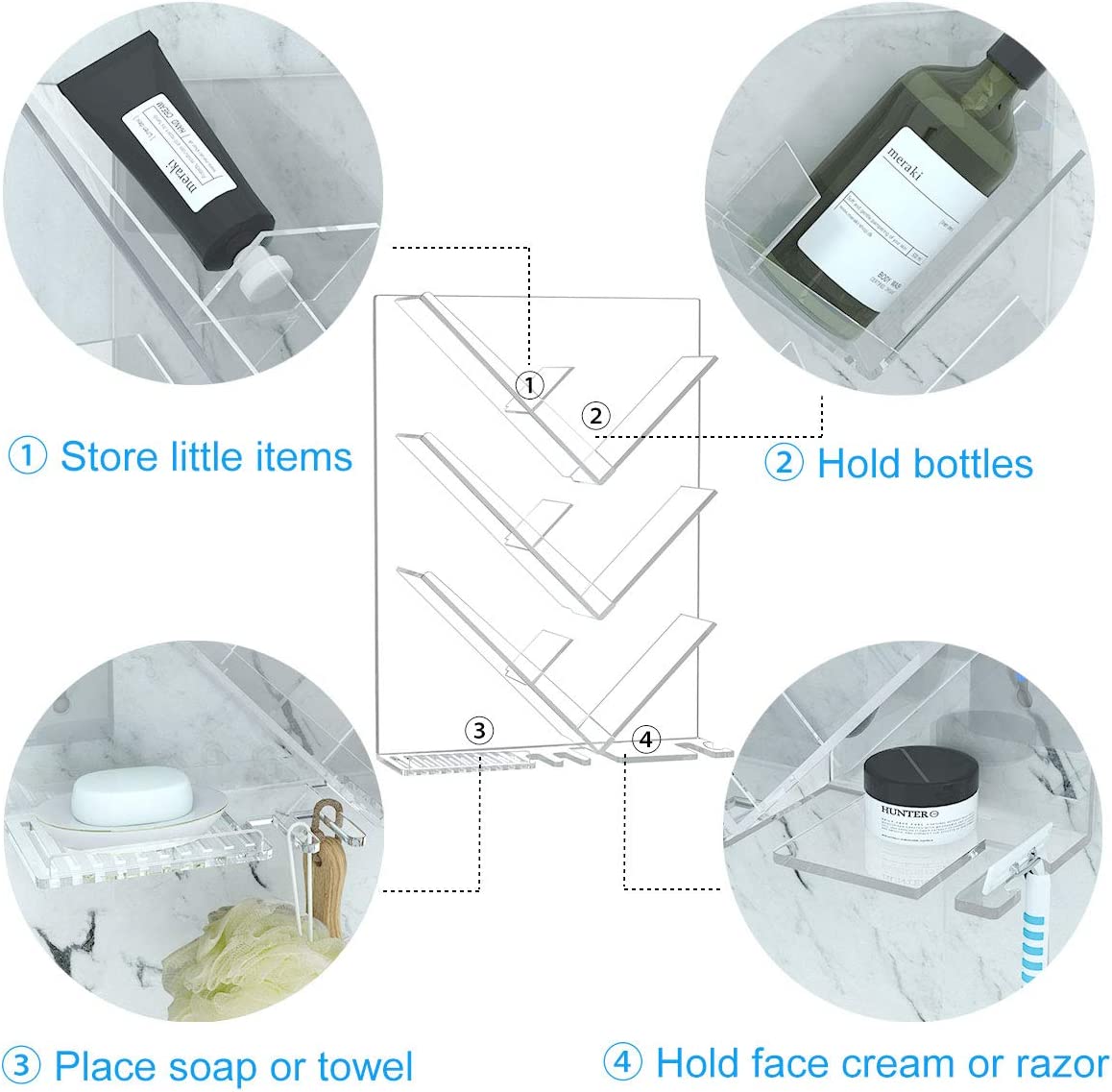 Bathroom Shower Caddy, Acrylic Shower Organizer with Suction Cup, Rust Proof and No Drilling, Sturdy and Durable, Great for Shampoo Bottles