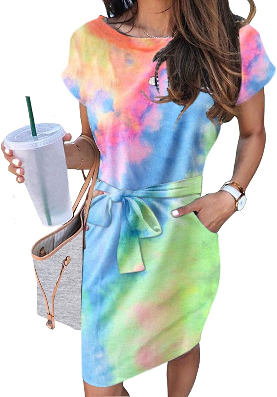 Women's Summer Striped Short Sleeve T Shirt Dress Casual Tie Waist Midi Dress