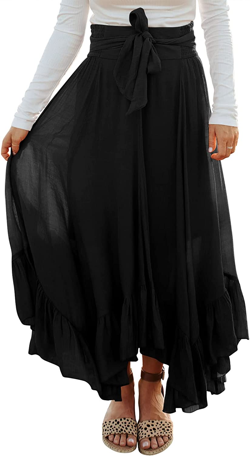 Women’s Maxi Skirt High Waist Tie Front Pleated Flowy Ruffle Asymmetric Long Skirts