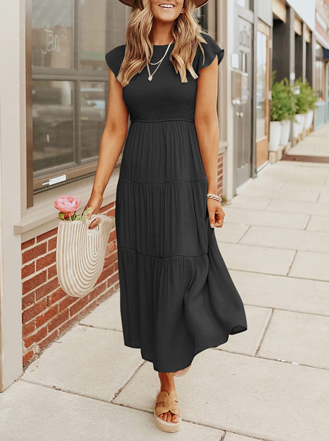 Women's Summer Casual Midi Maxi Dress Boho Flutter Sleeve Smocked A-Line Long Dress