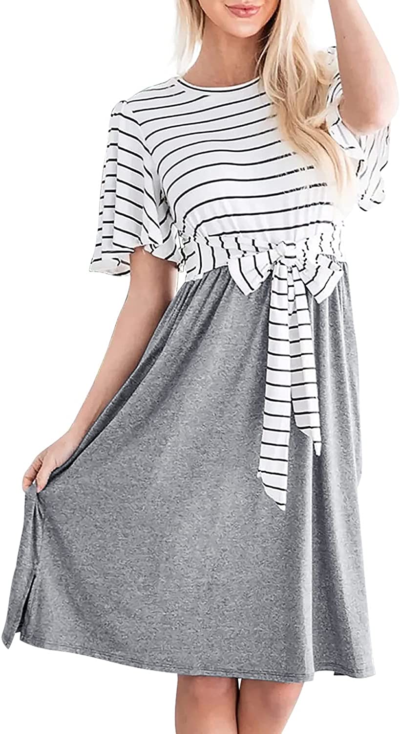 Women's Summer Striped Ruffle Sleeves Tie Waist Pockets Casual Swing Midi Dress