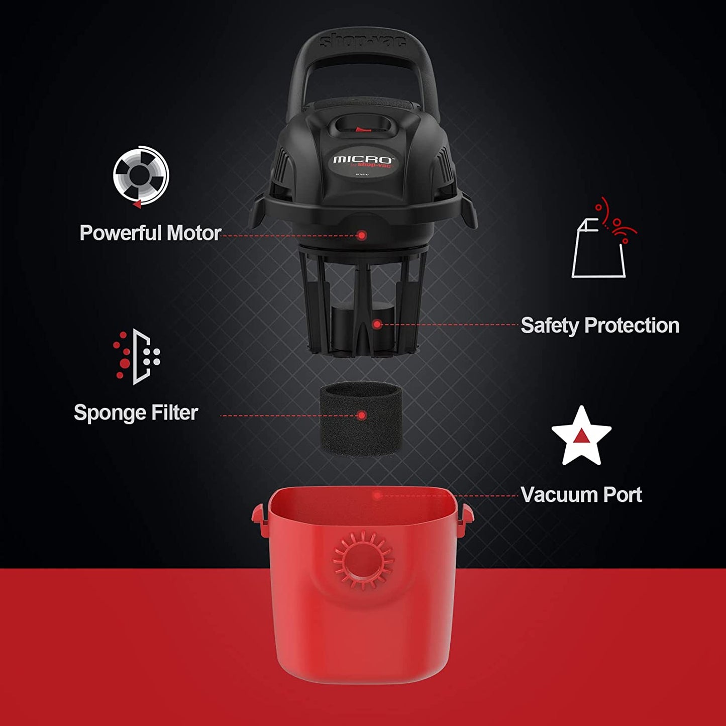Micro Wet/Dry Vac, Portable 1 Gallon 1.0 Peak Shop Vacuum with Collapsible Handle and Wall Bracket, 2021000