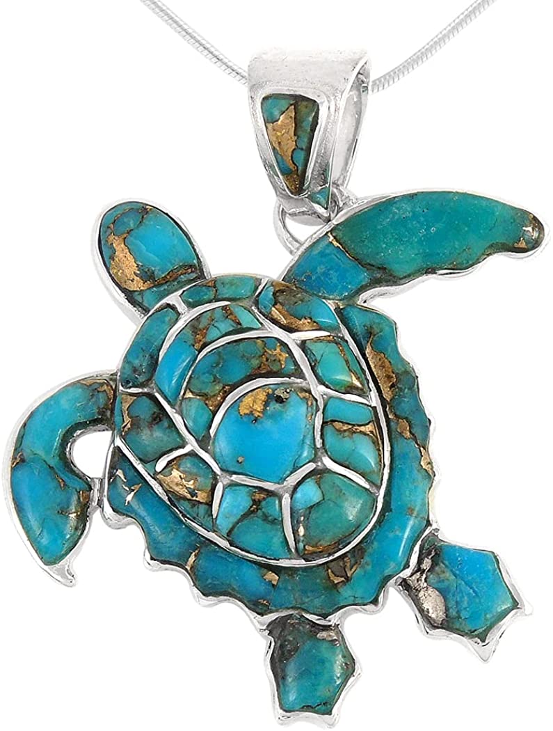 Turtle Pendant Necklace in Sterling Silver 925 & Genuine Gemstones