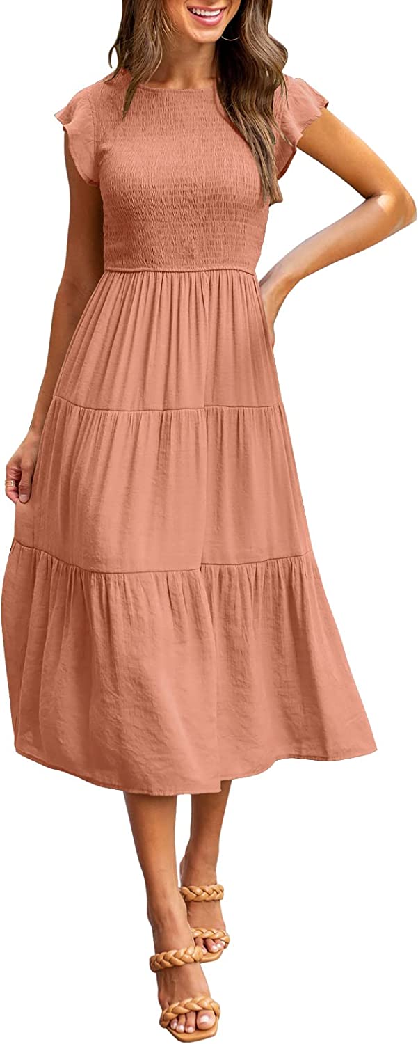 Women's Summer Casual Midi Maxi Dress Boho Flutter Sleeve Smocked A-Line Long Dress