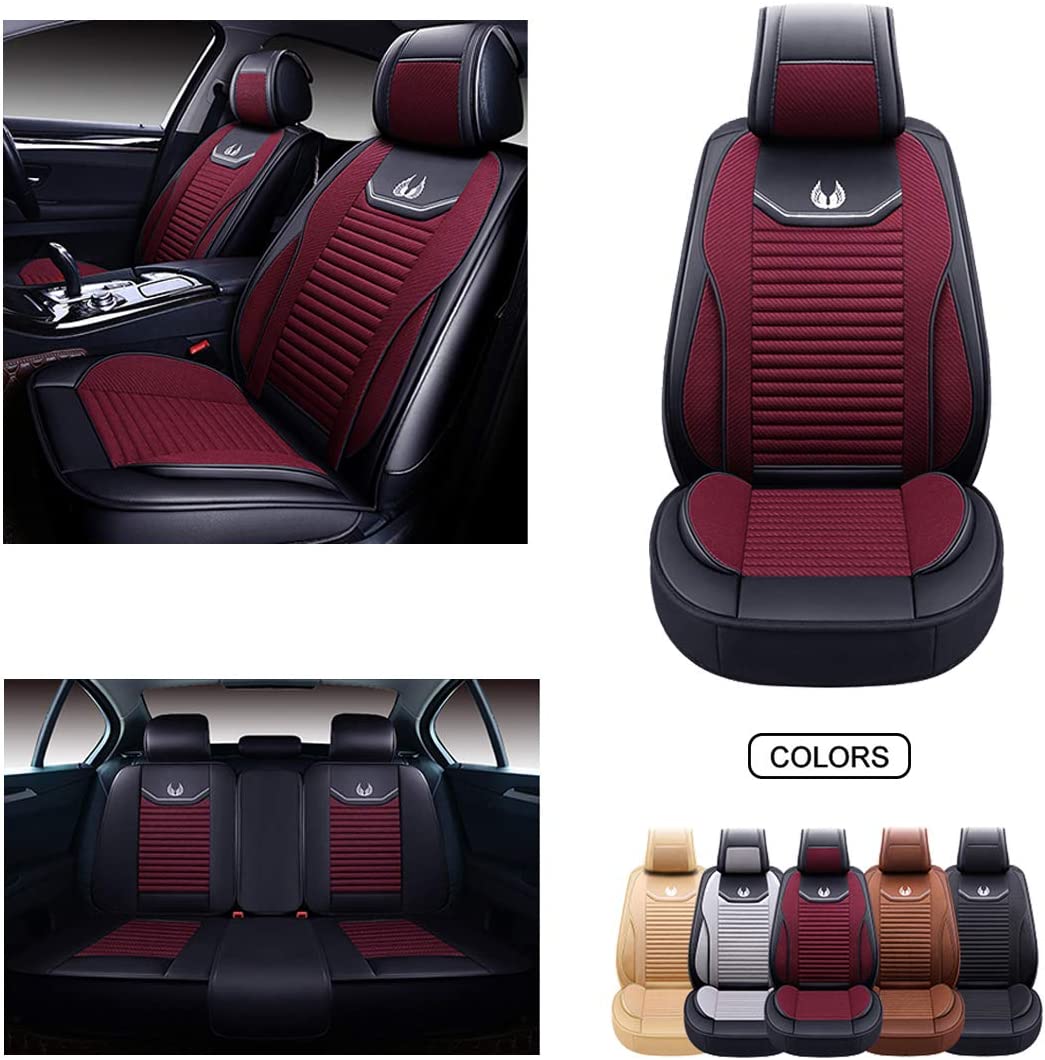Leather&Fabric Spring and Summer Car Seat Covers, Faux Leather Automotive Vehicle Cushion for Cars SUV Pick-up Truck Universal Fit Auto Interior Accessories (OS-008 Full Set, Gray)