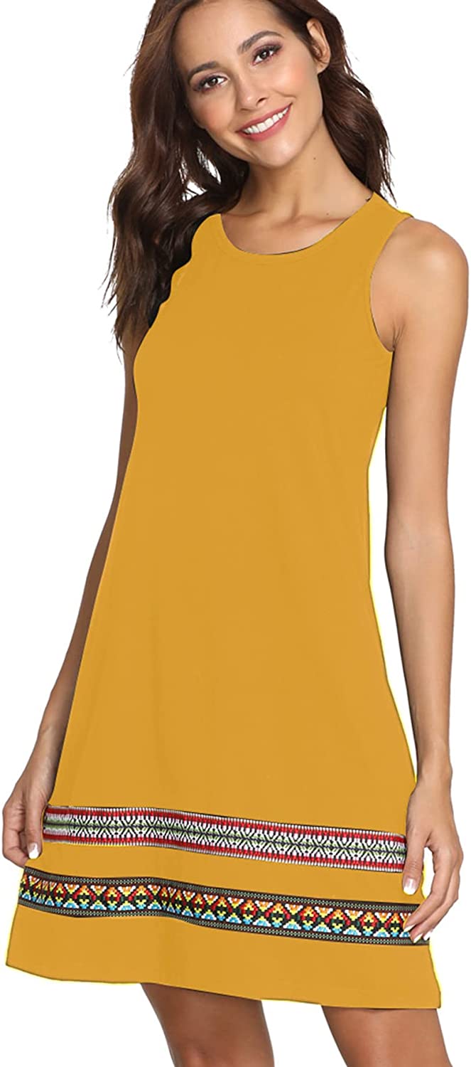 Women's Summer Boho Sleeveless Embroidered Hem Loose Casual Tank Dress