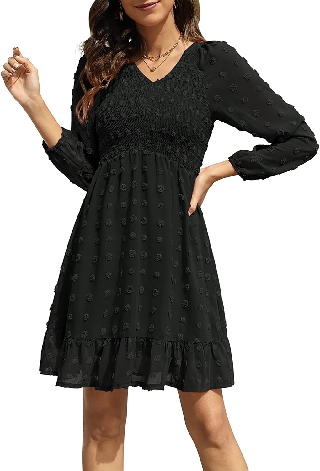 Womens Smocked Flutter Sleeve V Neck Ruffle Mini Swiss Dot Babydoll Dress