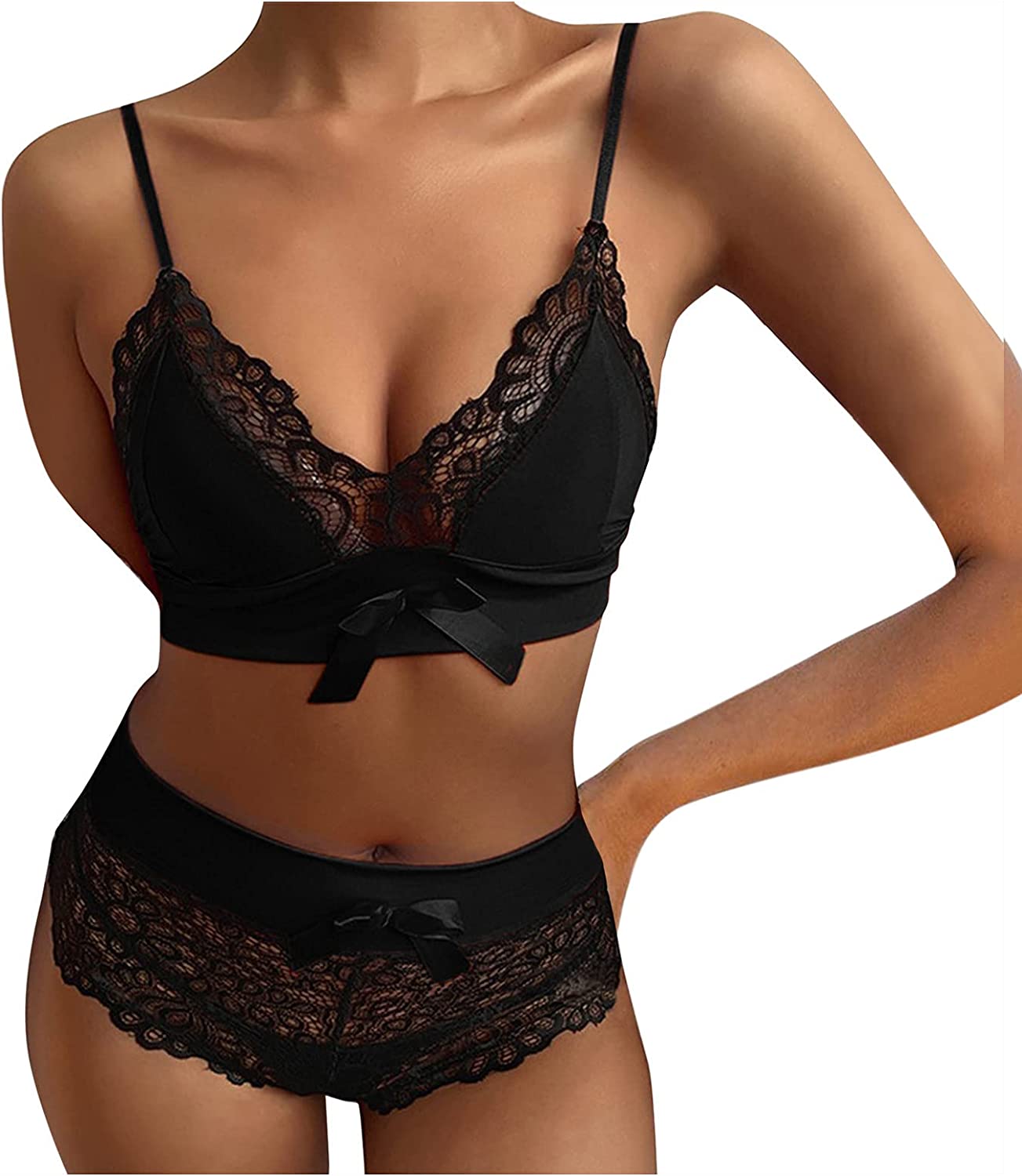 Womens Underwear Sexy Lace Suspenders Bow Bra Shorts Underpants Lingerie Pajamas Set