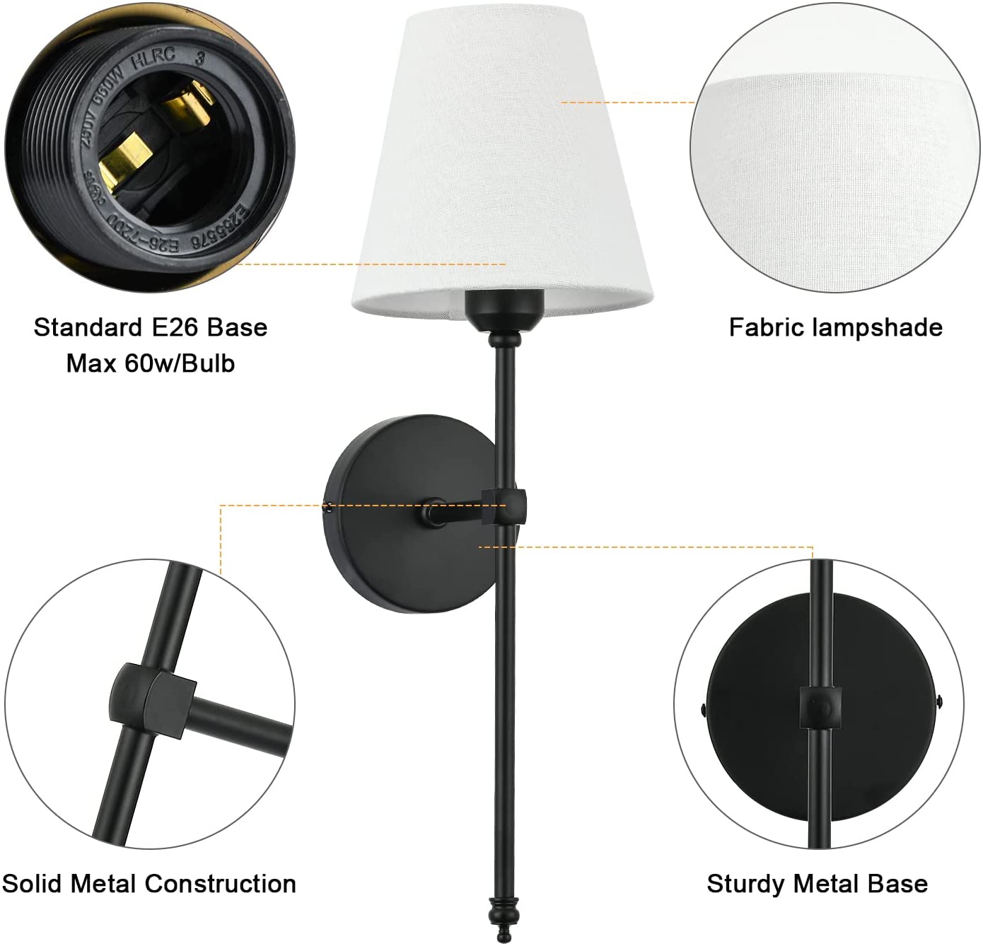 Bsmathom Wall Sconces Sets of 2, Rustic Industrial Wall Lamps, Column Stand Sconces Wall Lighting, Bathroom Vanity Light Fixture with Fabric Shade for Bedroom Living Room Kitchen, Black