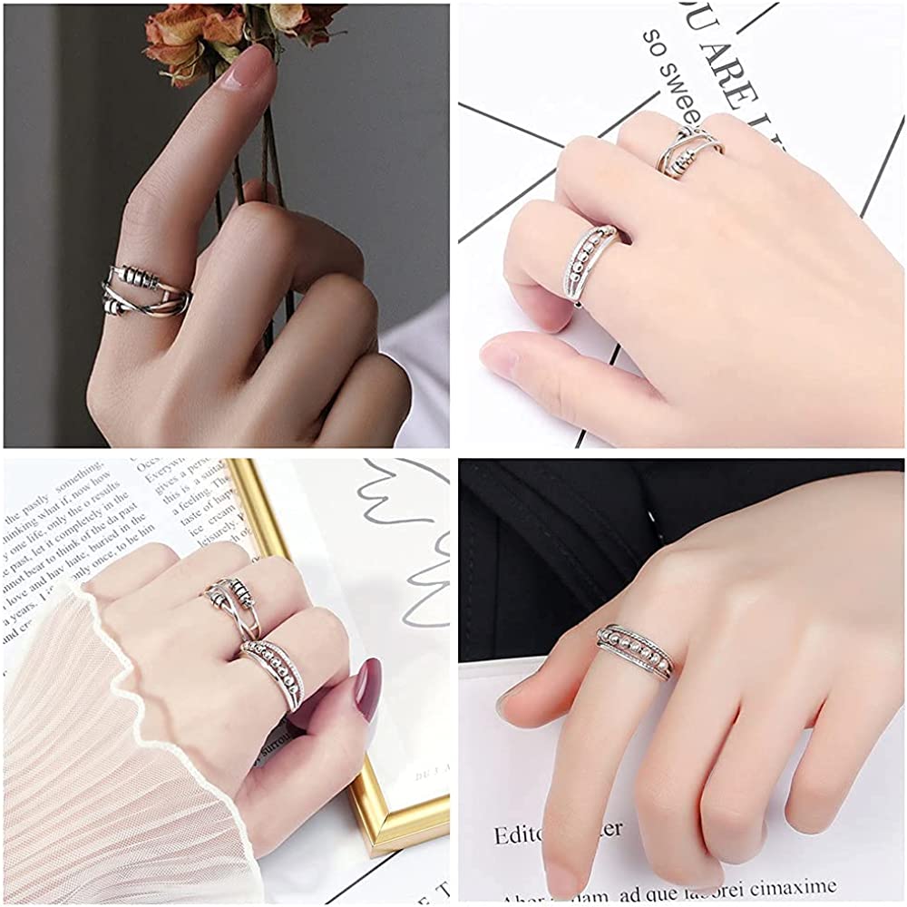 2Pcs Anti Anxiety Rings For Women Men, Fidget Band Ring with Beads Spinner Rings for Anxiety, Unisex Adjustable Stacking Spinning Worry Ring Size 6-10 (Silver)