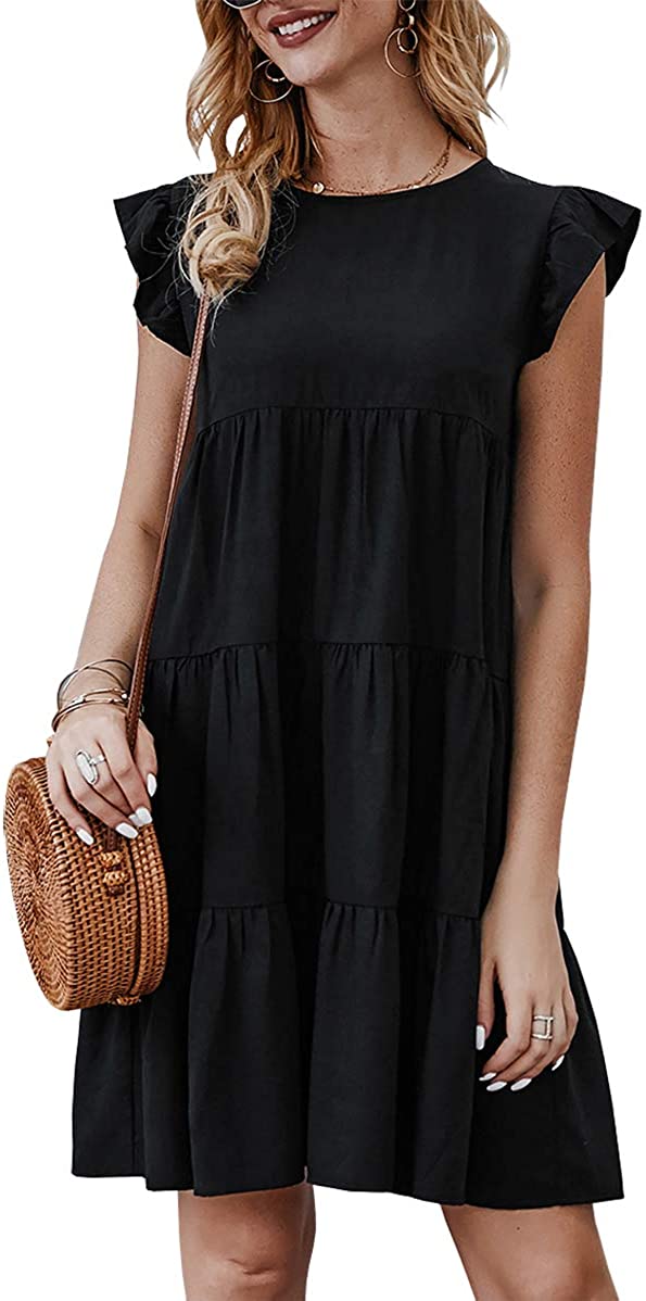 Women’s Summer Dress Sleeveless Ruffle Sleeve Round Neck Mini Dress Solid Color Loose Fit Short Flowy Pleated Dress