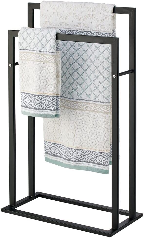mDesign Metal Tall 2-Tier Free-Standing Towel Rack Holder for Bathroom Storage and Organization, Floor Stand Holds Bath, Hand Towels; Great for Guest, Half, Kids' Bathrooms - Chrome