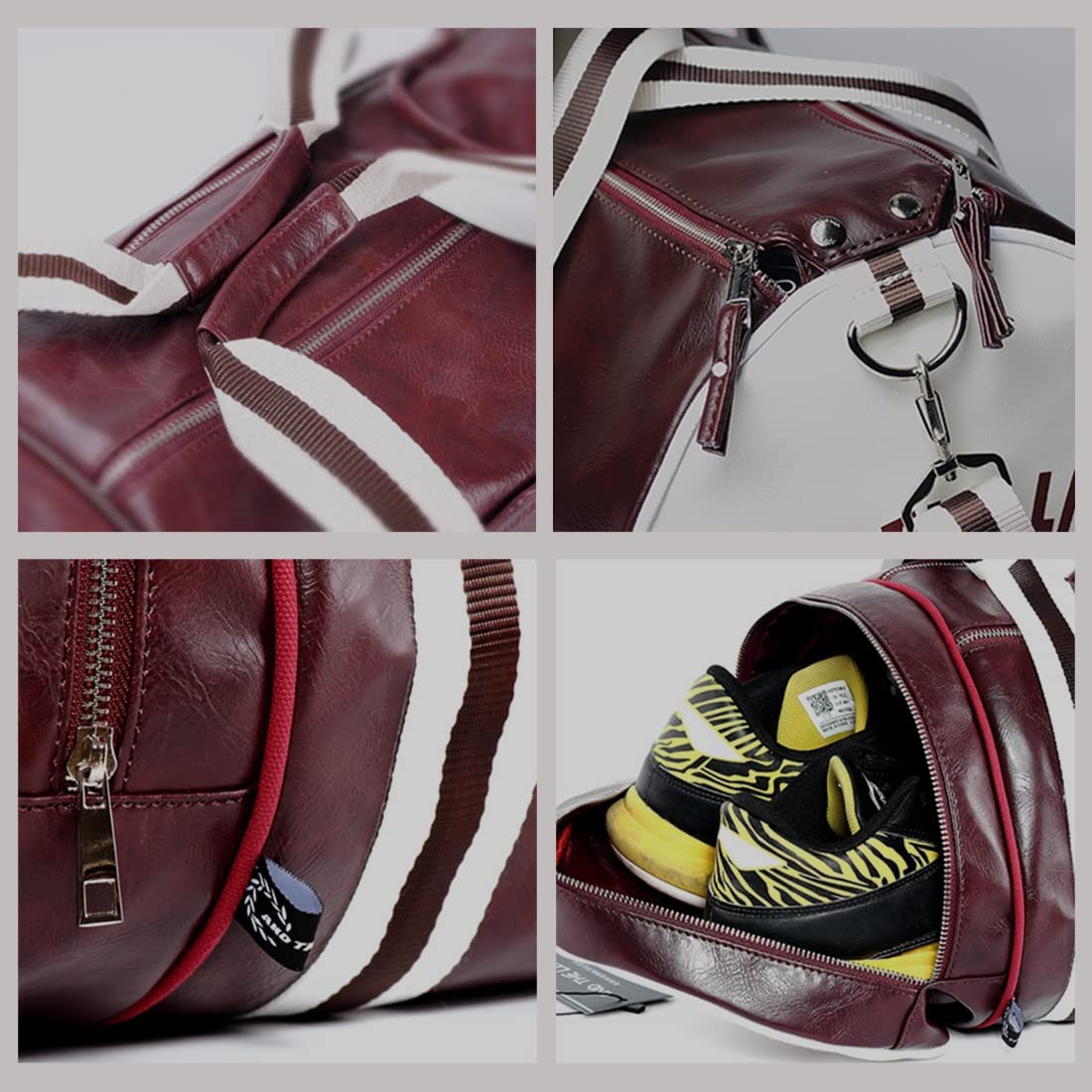 Leather Gym Sports Bag Retro Style Travel Duffel Bag, Cool Cylinder Waterproof Weekender Overnight Fitness Bag with Shoe Compartment & Wet Pocket for Men Women ( Claret Red )