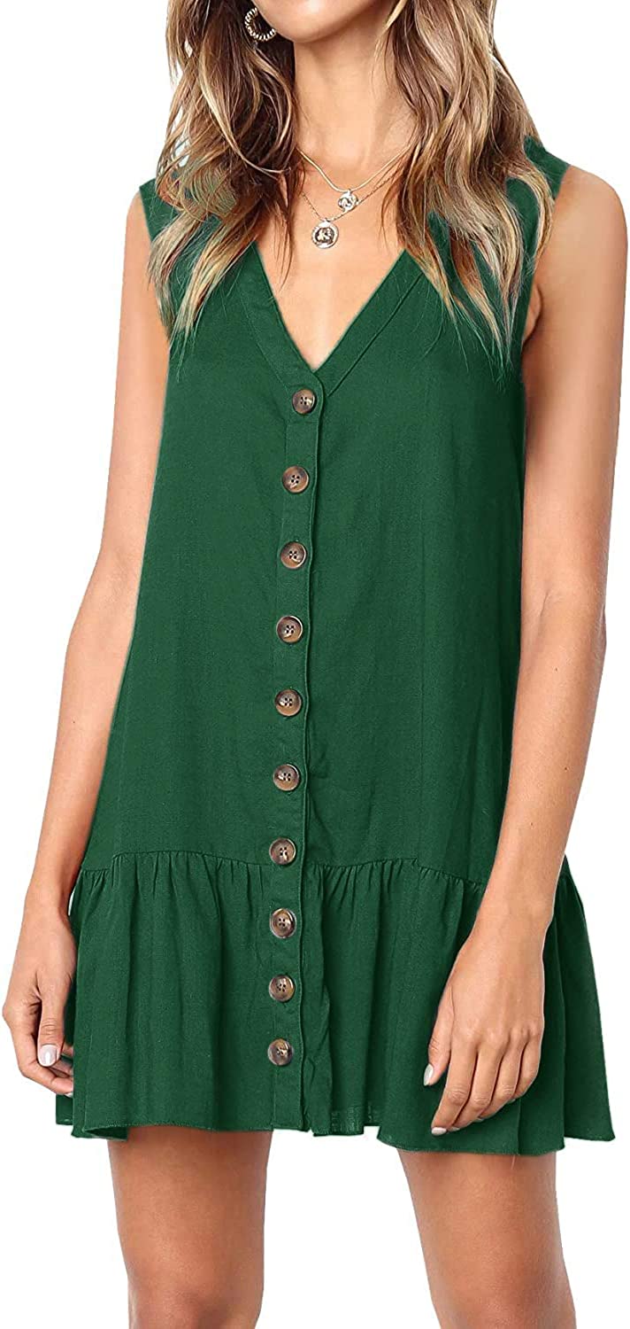 Womens Polka Dot V Neck Button Down Ruffles Loose Mini Short T-Shirt Dress