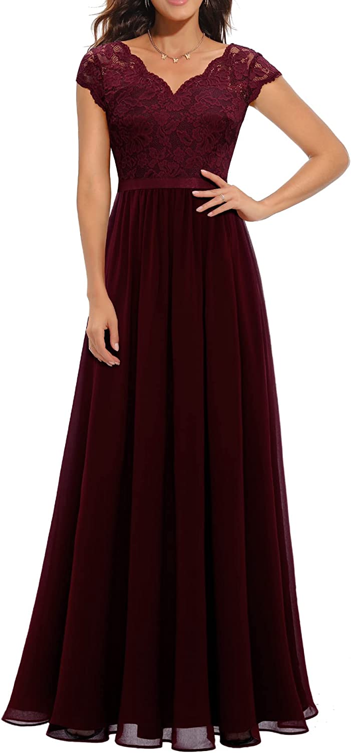 Women's Formal Floral Lace Maxi Dress Evening Party Elegant V-Neck Dresses for Wedding Guest