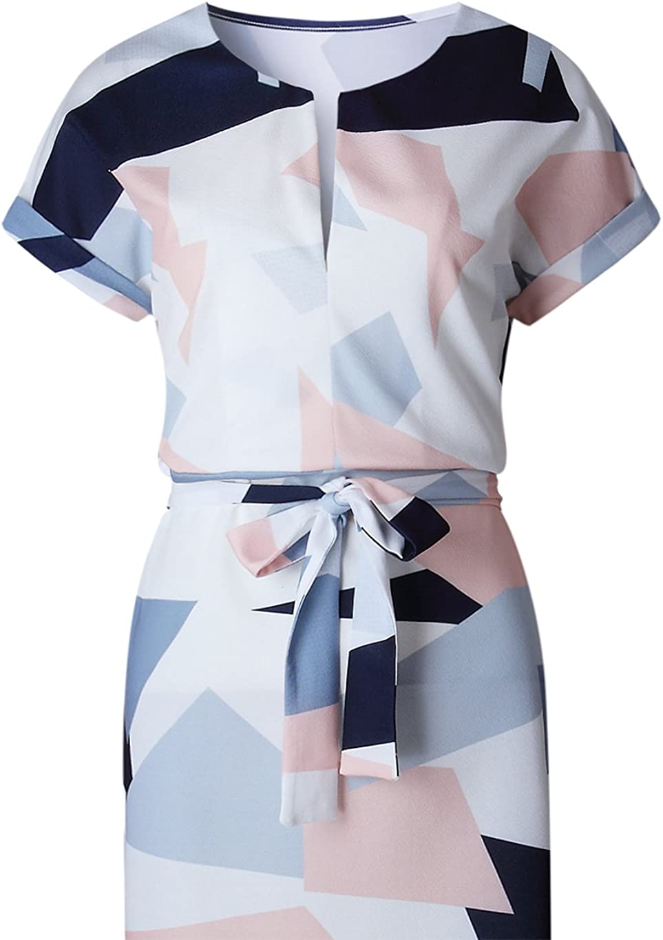 Womens Midi Dresses Summer V-Neck Short Sleeve Casual Office Geometric Belted Dress