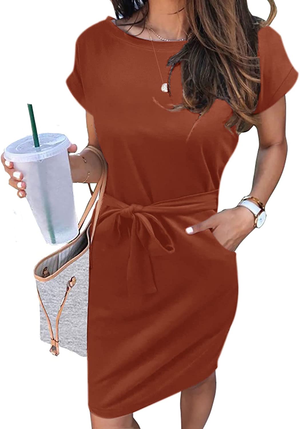 Women's Summer Striped Short Sleeve T Shirt Dress Casual Tie Waist Midi Dress
