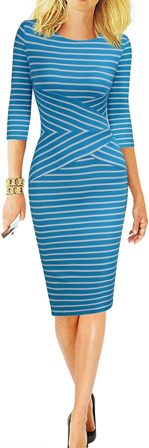 Women 3/4 Sleeve Striped Wear to Work Business Cocktail Pencil Dress