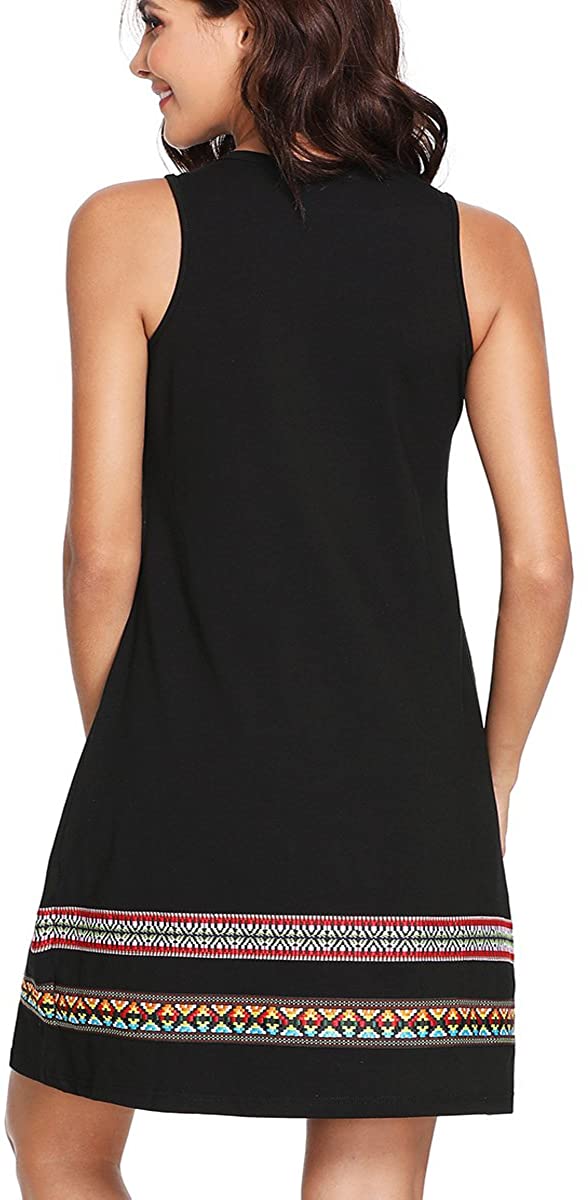 Women's Summer Boho Sleeveless Embroidered Hem Loose Casual Tank Dress