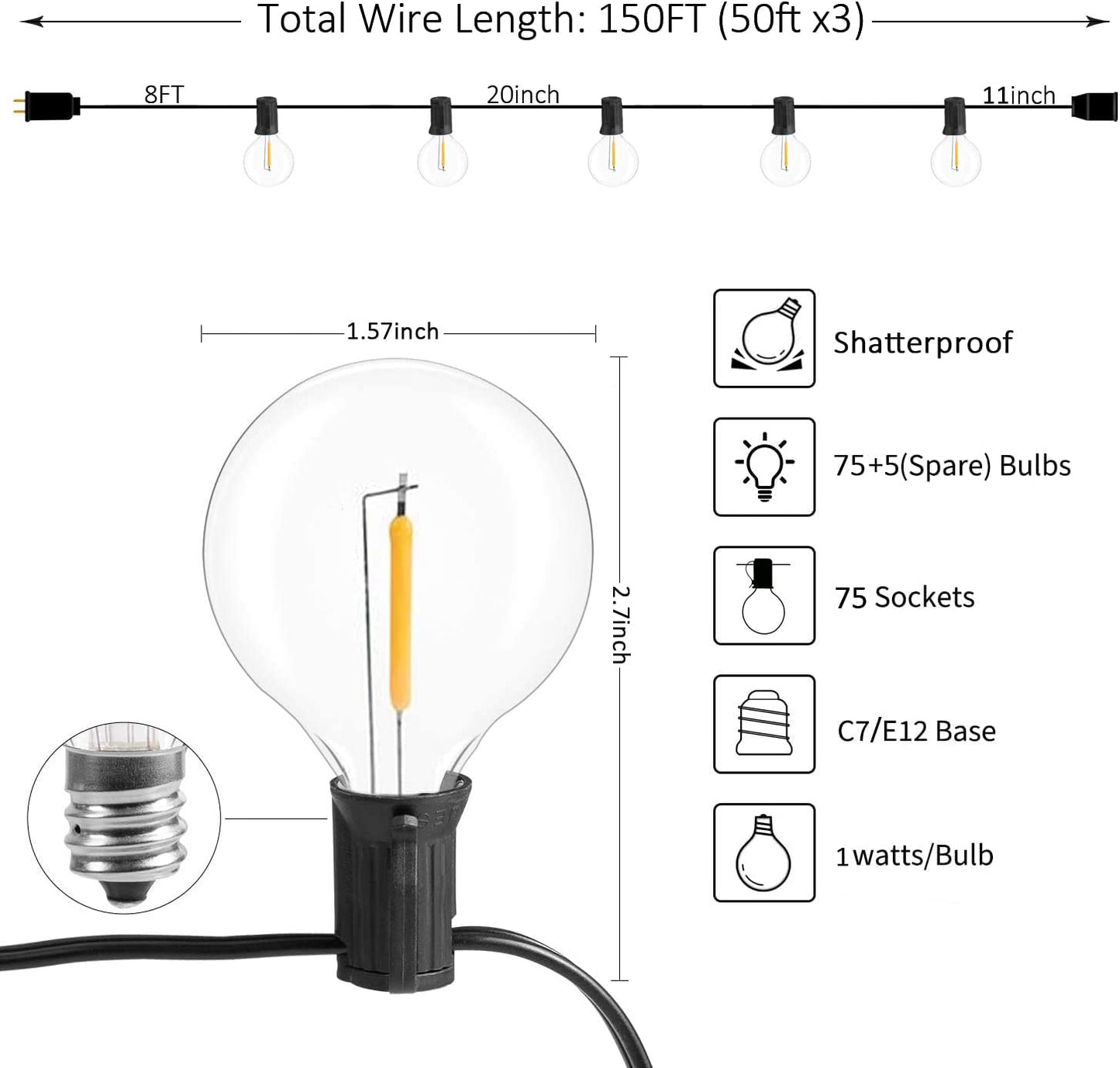Outdoor String Lights 150FT, G40 Led Patio Lights with 75pcs Bulbs 1W, Waterproof Shatterproof Dimmable Globe Outside Hanging Lights for Backyard, Cafe & Bistro