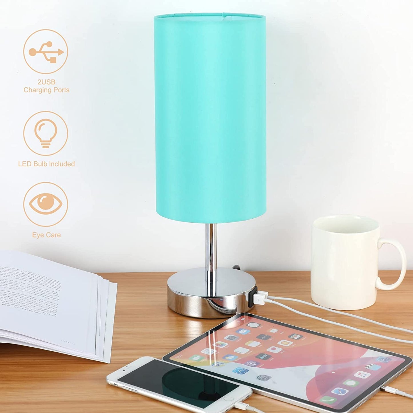 Bedside Lamp with USB Port - Touch Control Table Lamp for Bedroom Wood 3 Way Dimmable Nightstand Lamp with Round Flaxen Fabric Shade for Living Room, Dorm, Home Office (LED Bulb Included)