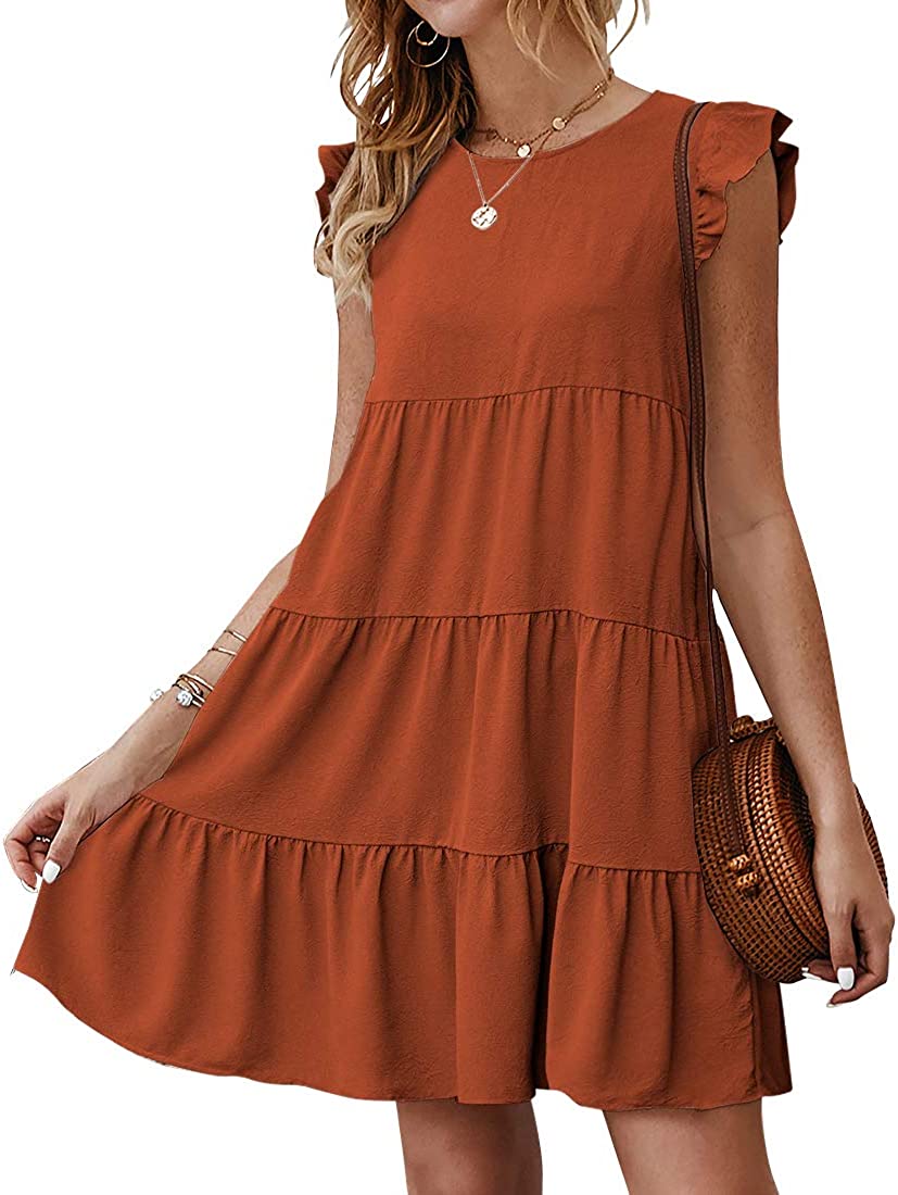 Women’s Summer Dress Sleeveless Ruffle Sleeve Round Neck Mini Dress Solid Color Loose Fit Short Flowy Pleated Dress