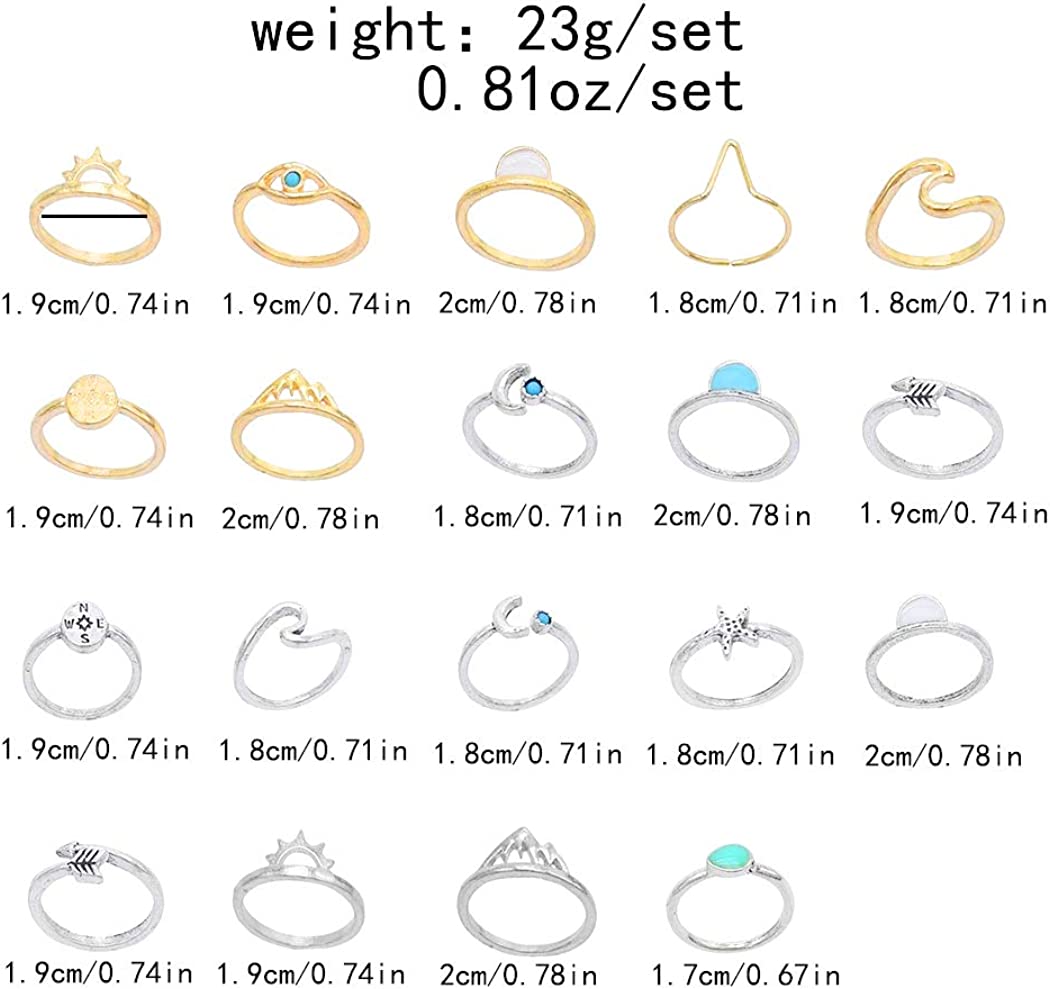 Boho Retro Stackable Rings Sets for Teens Girls Women,Peak Sea Wave Compass Turquoise Rhinestone Knuckle Joint Finger Kunckle Nail Ring Sets