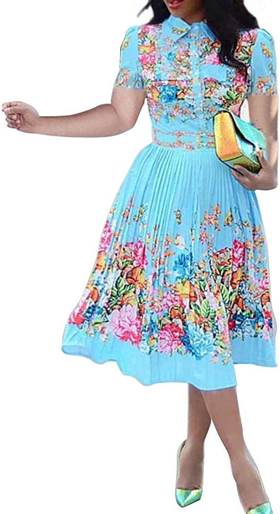 Lapel Three-Quarter Sleeve Knee Length Pleated Floral Women's Sheath Dress