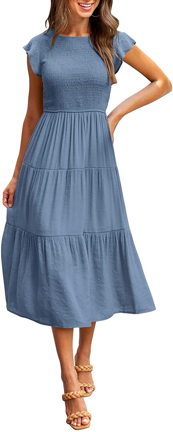 Women's Summer Casual Midi Maxi Dress Boho Flutter Sleeve Smocked A-Line Long Dress