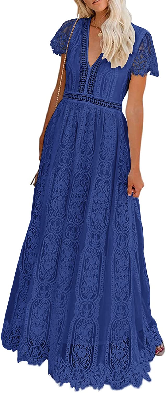 Women's V Neck Short Sleeve Floral Lace Wedding Dress Bridesmaid Cocktail Party Maxi Dress