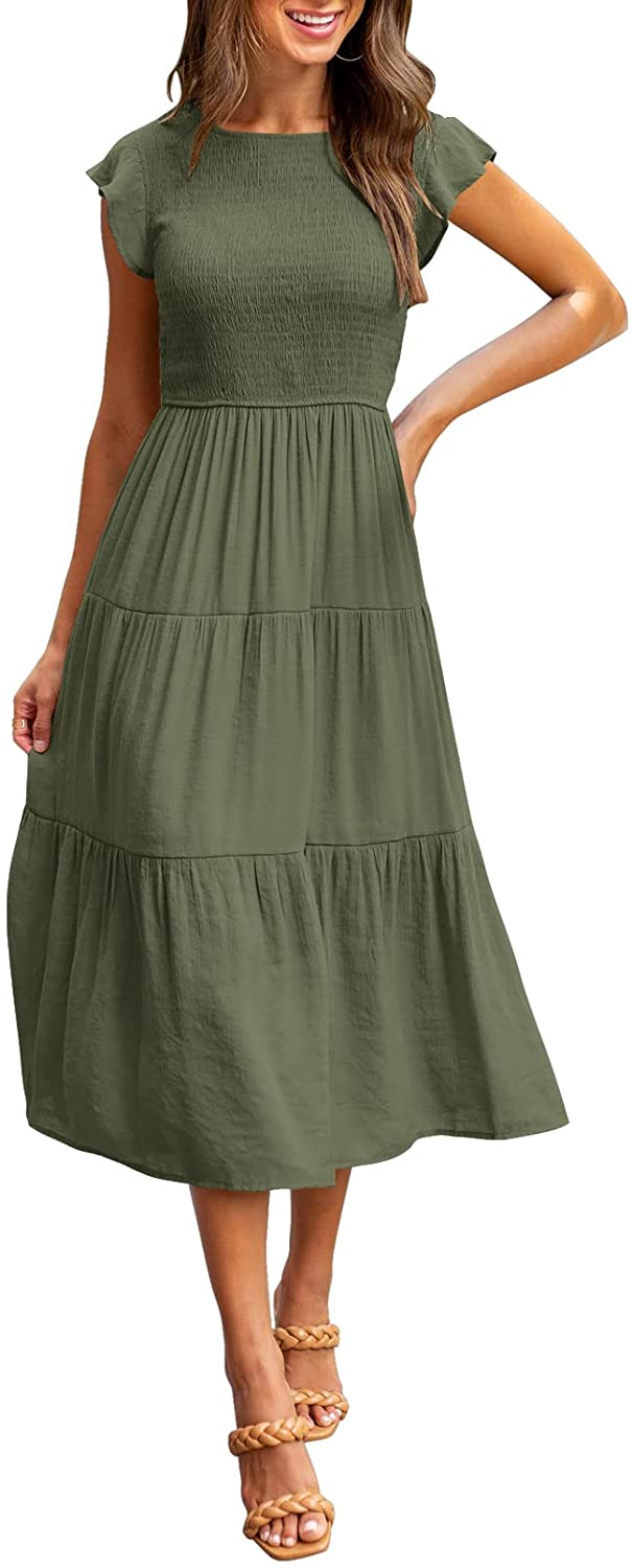Women's Summer Casual Midi Maxi Dress Boho Flutter Sleeve Smocked A-Line Long Dress