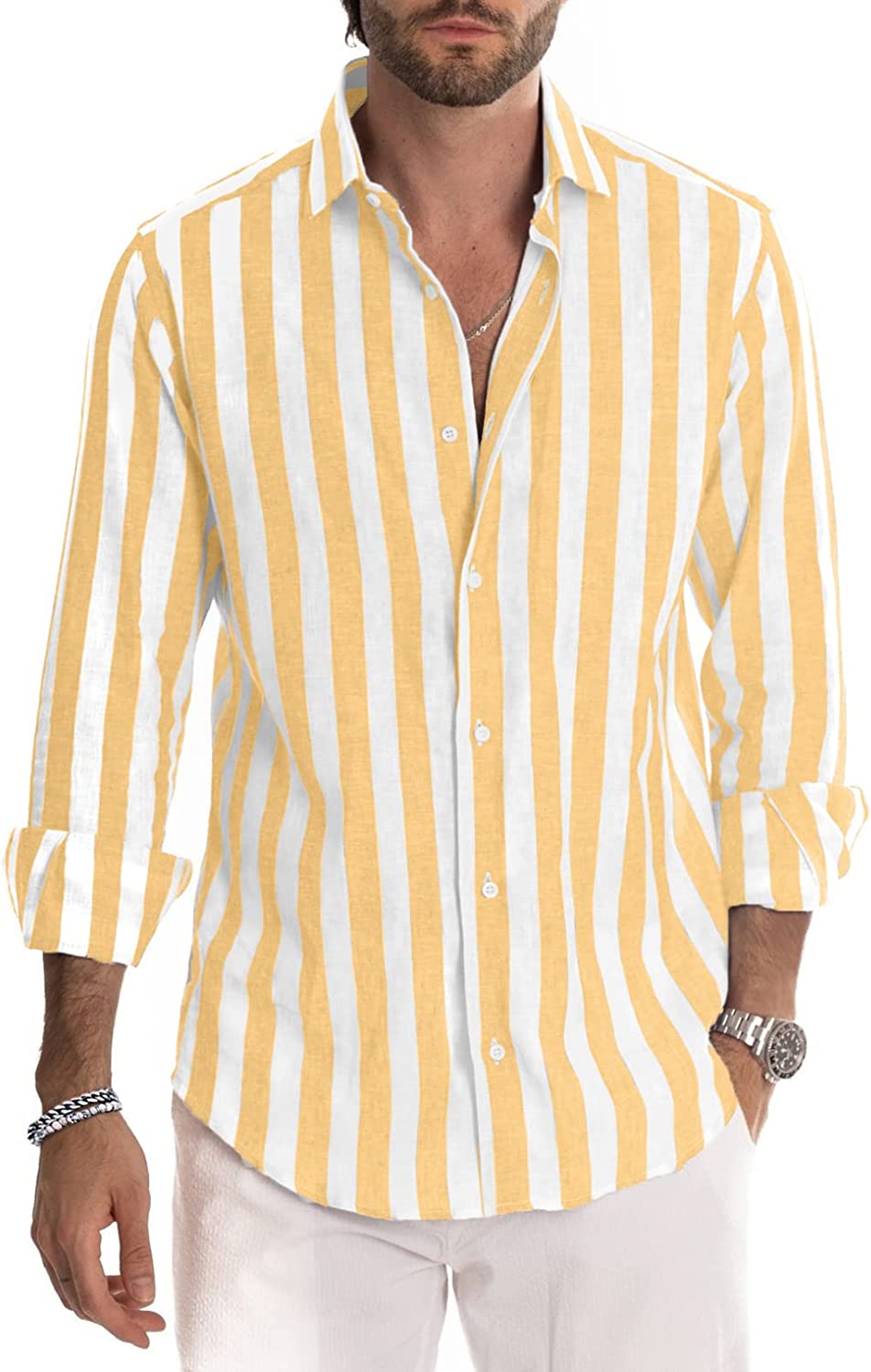 Men's Casual Long Sleeve Button-Down Shirts Striped Dress Shirts Cotton Shirt