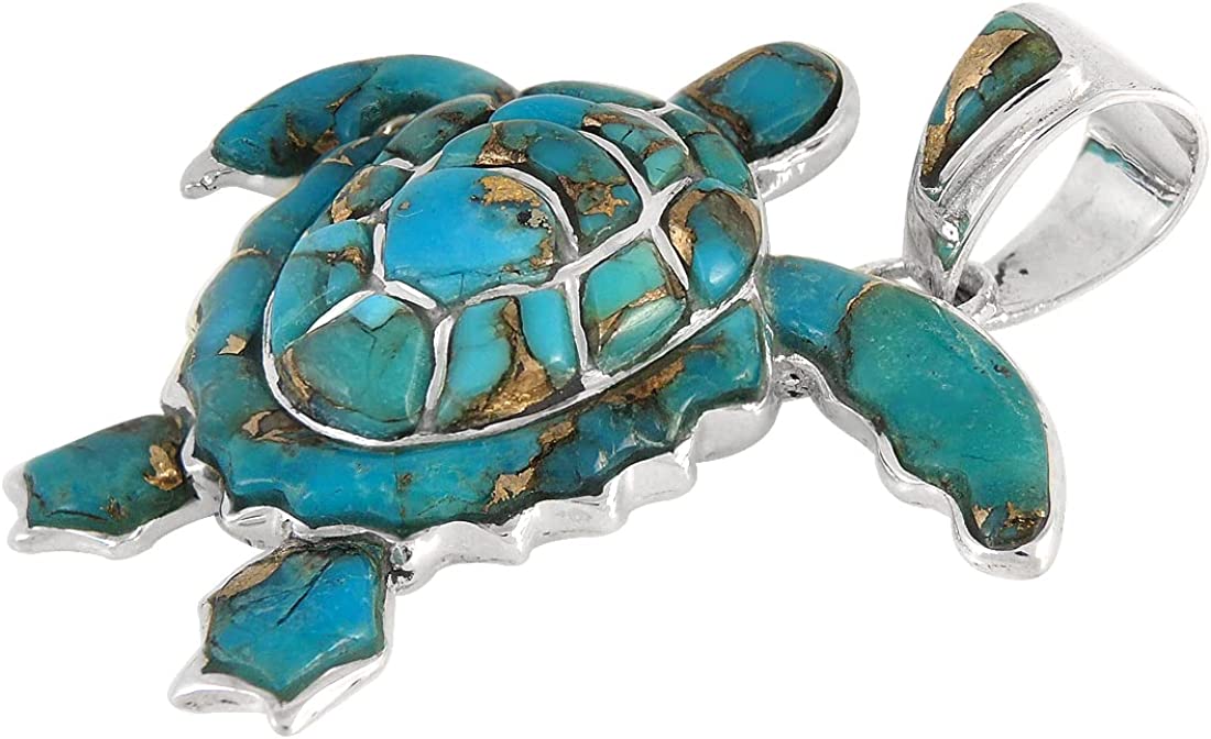 Turtle Pendant Necklace in Sterling Silver 925 & Genuine Gemstones