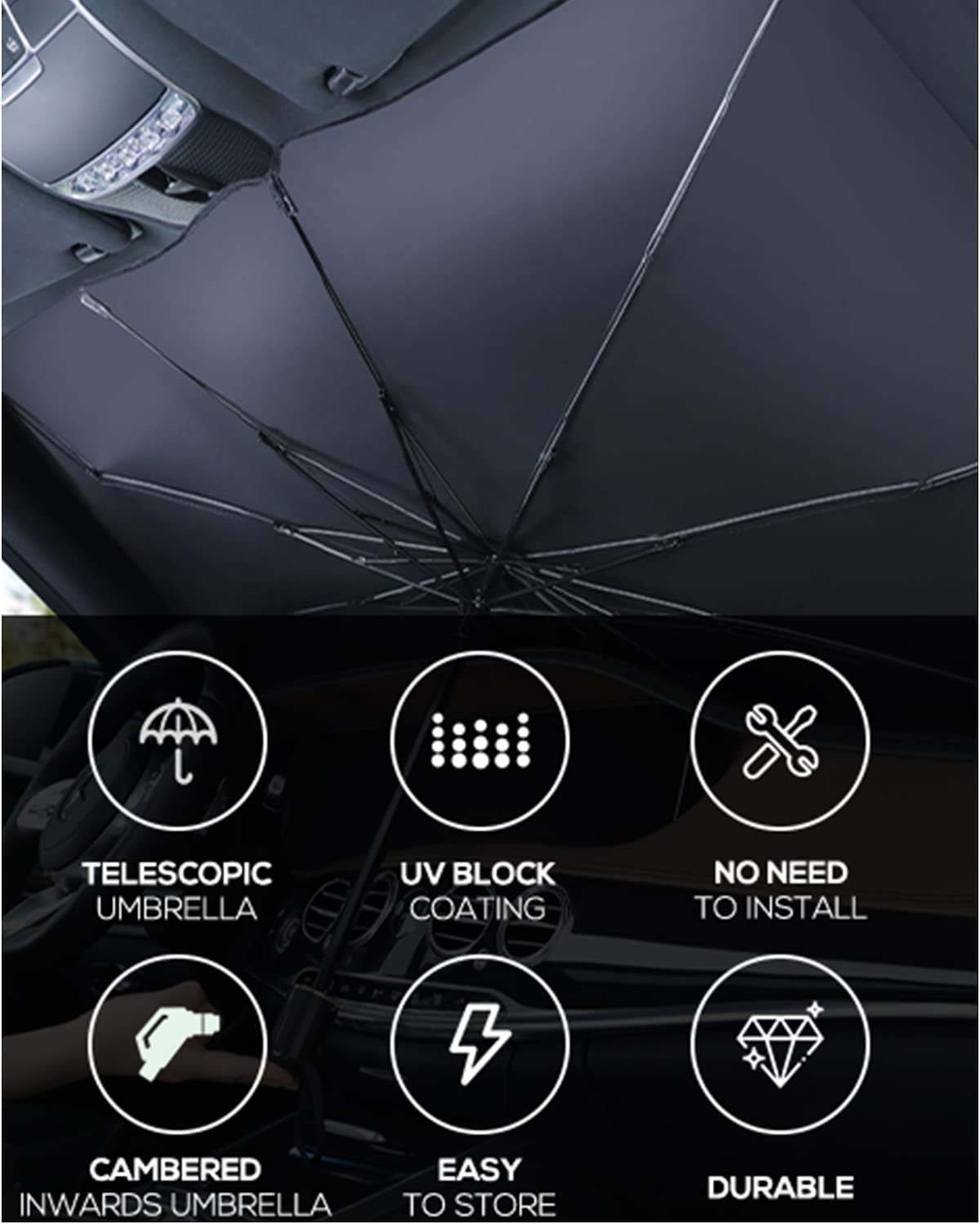 Car Windshield Sun Shade Umbrella with Storage Pouch, Car Sunshade UV Protection & Heat Insulation for Car Front Window Heat Keep Vehicle Cool Sun Foldable Car Umbrella Sunshade for Most Vehicles