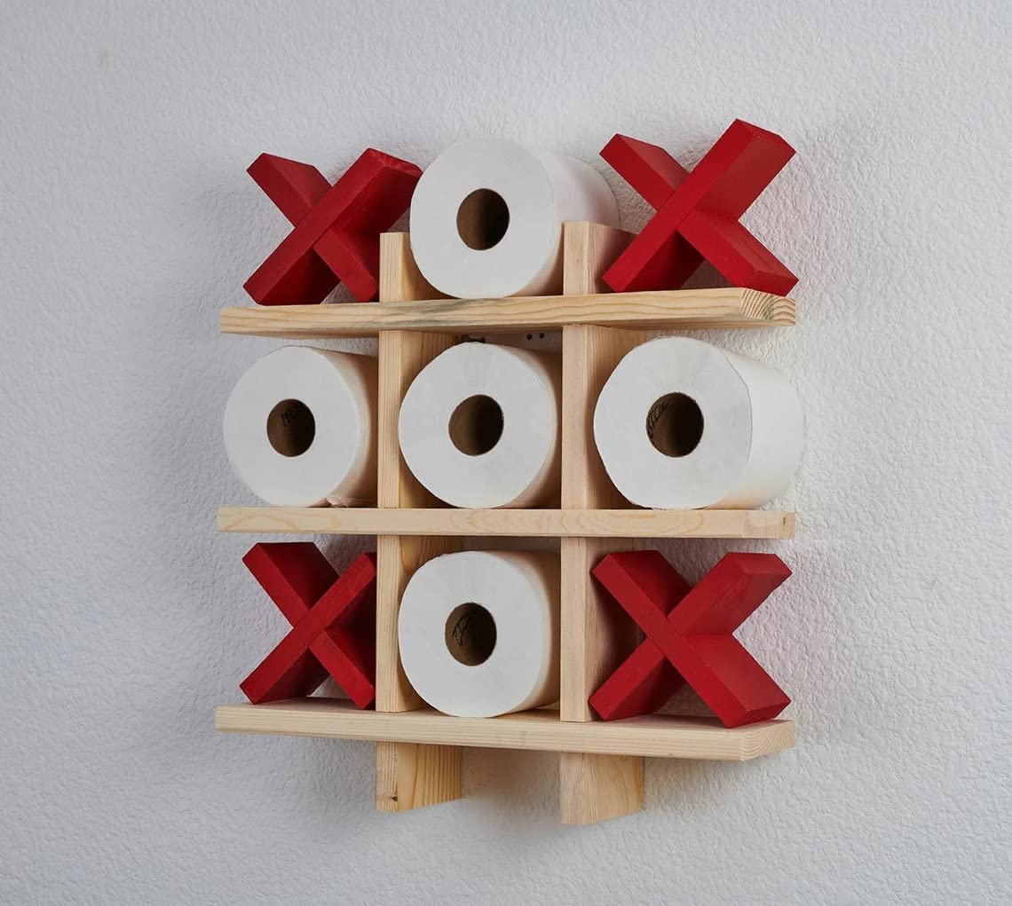 Bath Roll Holder - Tic Tac Toe - Blue Pine - Toilet Paper Display - Bath Room Decor - Bath Room Organization - Handmade 16 x 16 (Stained/Chestnut - X Black)