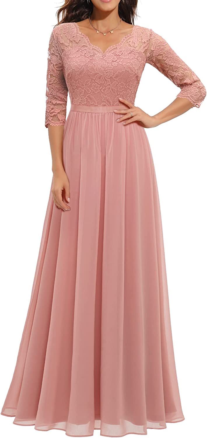 Women's Formal Floral Lace Maxi Dress Evening Party Elegant V-Neck Dresses for Wedding Guest