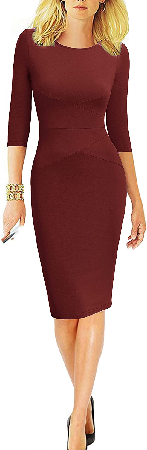 Women 3/4 Sleeve Striped Wear to Work Business Cocktail Pencil Dress