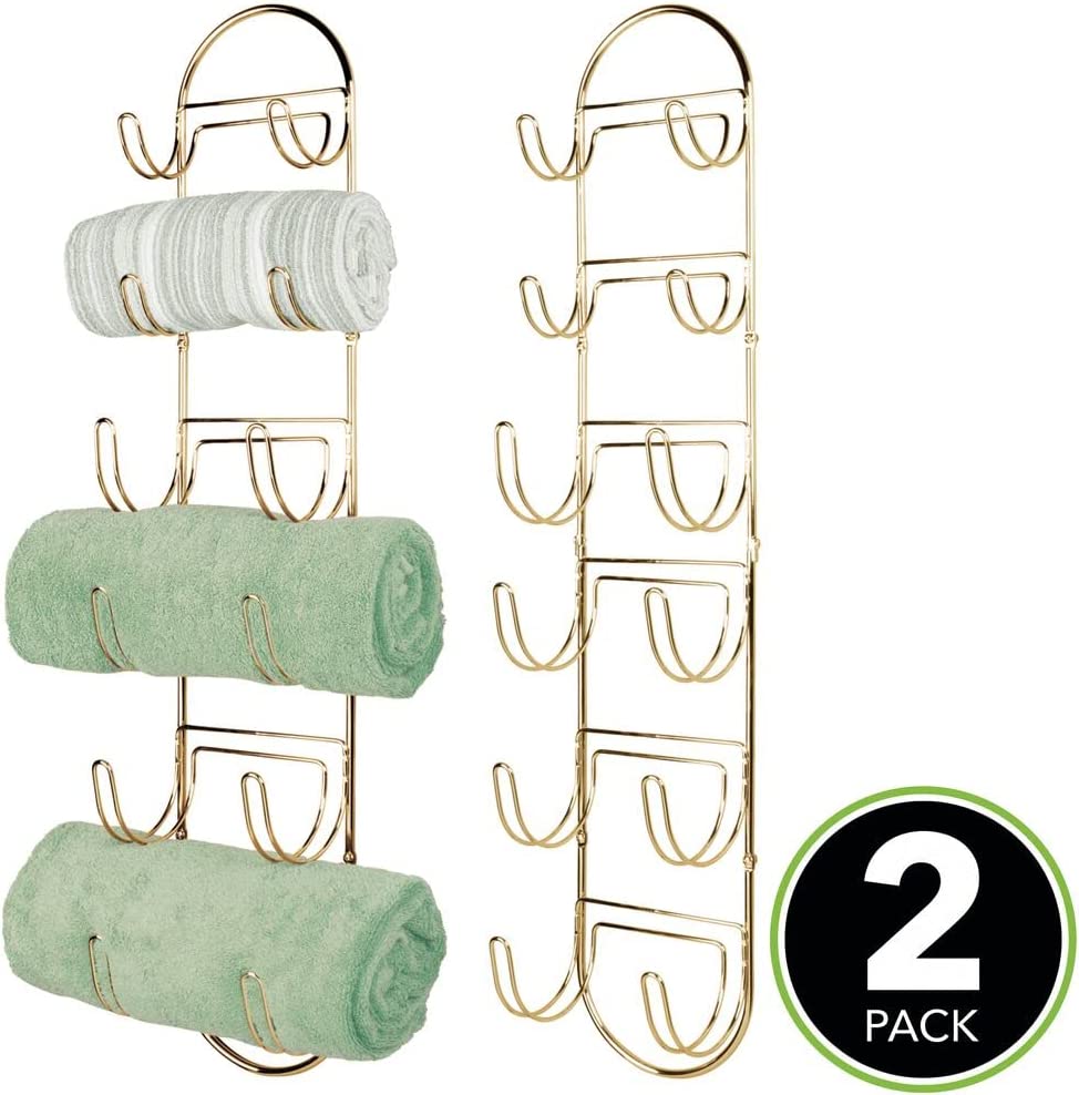 mDesign Steel Wall Mount Towel Rack with 6 Compartments - Towel Holder and Towel Storage Shelf Organizer for Bathroom, Powder Room - Concerto Collection - 2 Pack - Soft Brass