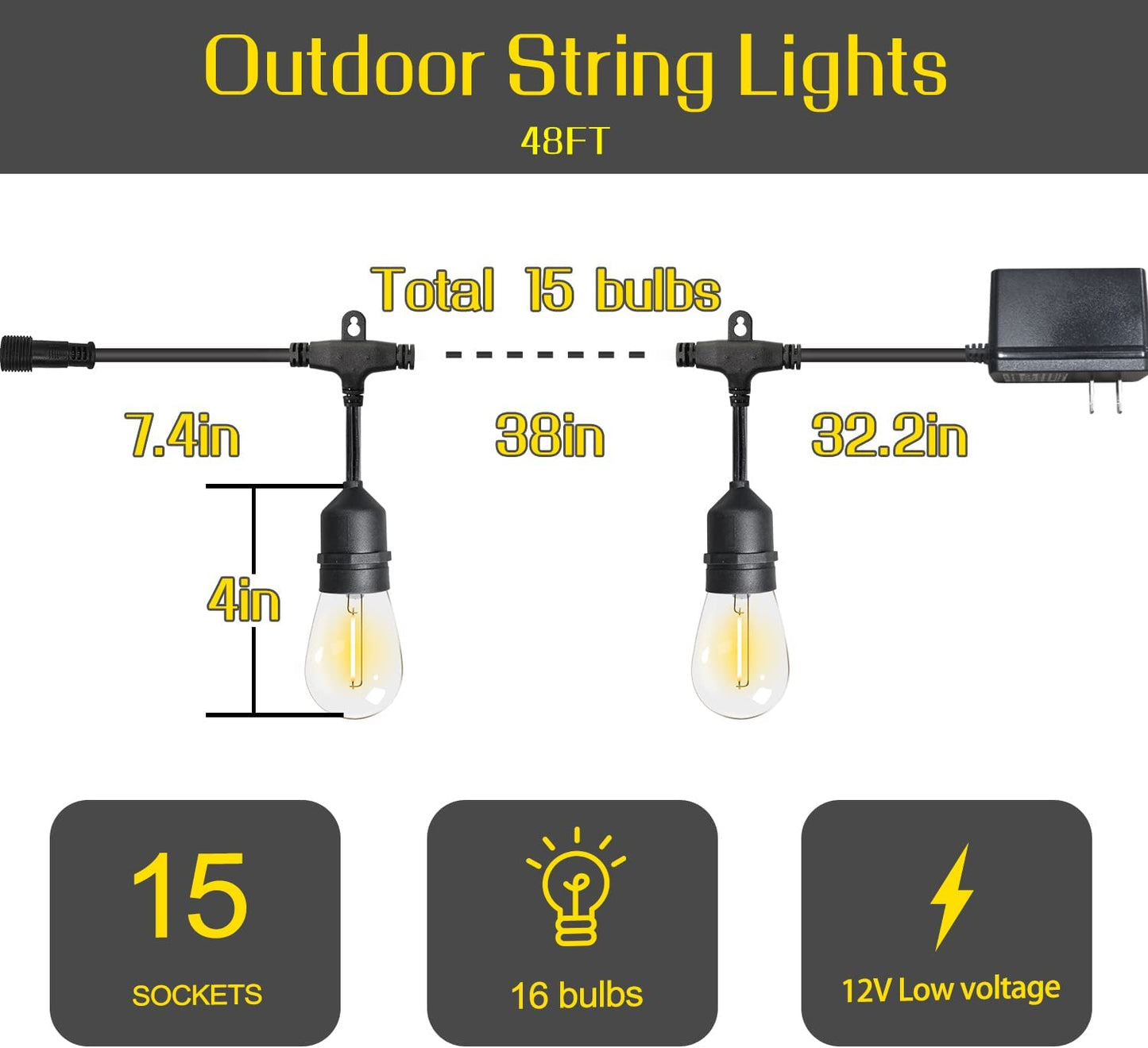 Lights Outdoor String Lights GANA 48FT 2700K Warm White Light 12V Safety Voltage, 15 E26 Hanging Sockets, Shatterproof S14 LED Bulbs, IP65 Waterproof Level for Weddings, Birthdays