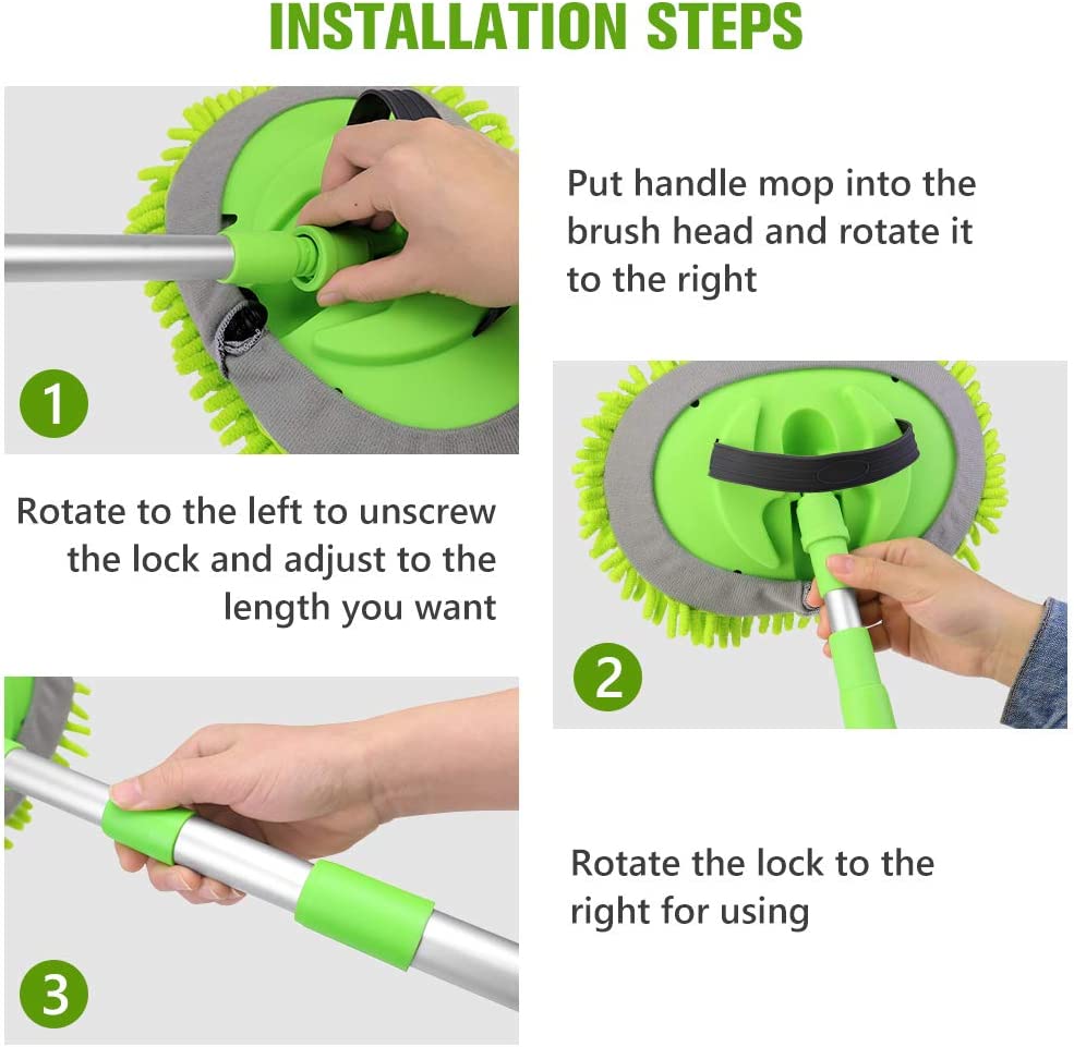 2 in 1 Chenille Microfiber Car Wash Brush Mop Mitt with 45" Aluminum Alloy Long Handle, Car Cleaning Kit Brush Duster, Not Hurt Paint Scratch Free Cleaning Tool Dust Collector Supply for Washing Truck