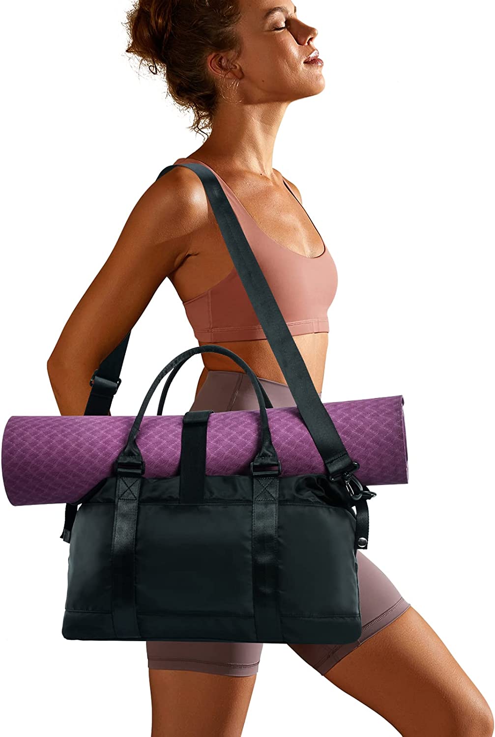 Women Travel Bags Carry On Weekender Bag,Gym Duffle Bag with Yoga Mat Buckle Black