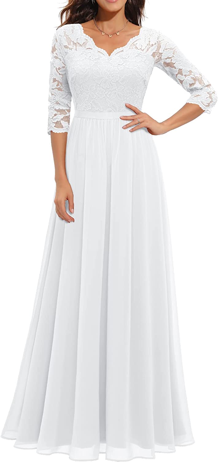 Women's Formal Floral Lace Maxi Dress Evening Party Elegant V-Neck Dresses for Wedding Guest